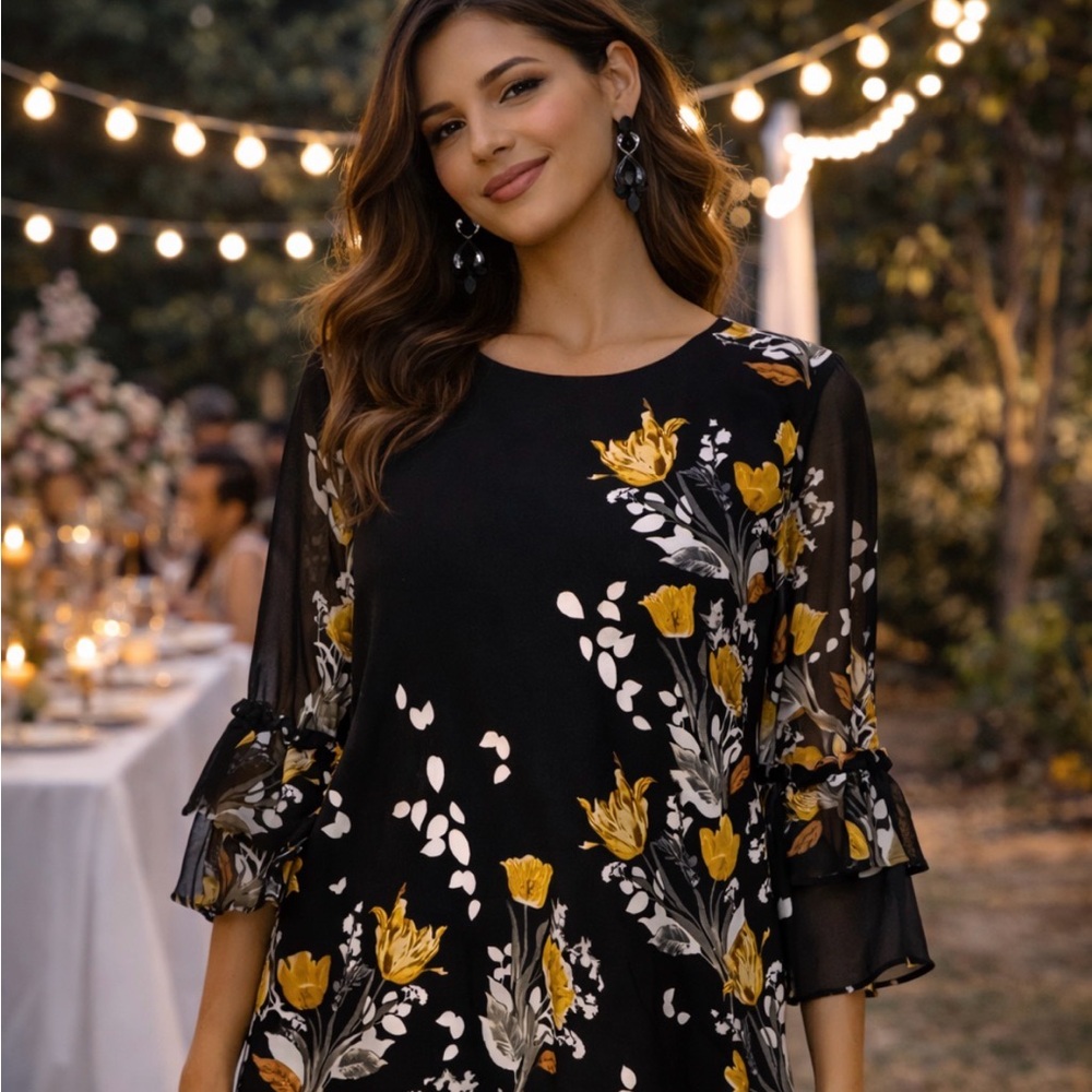 Alfani Black Dress with Yellow Floral Design 10